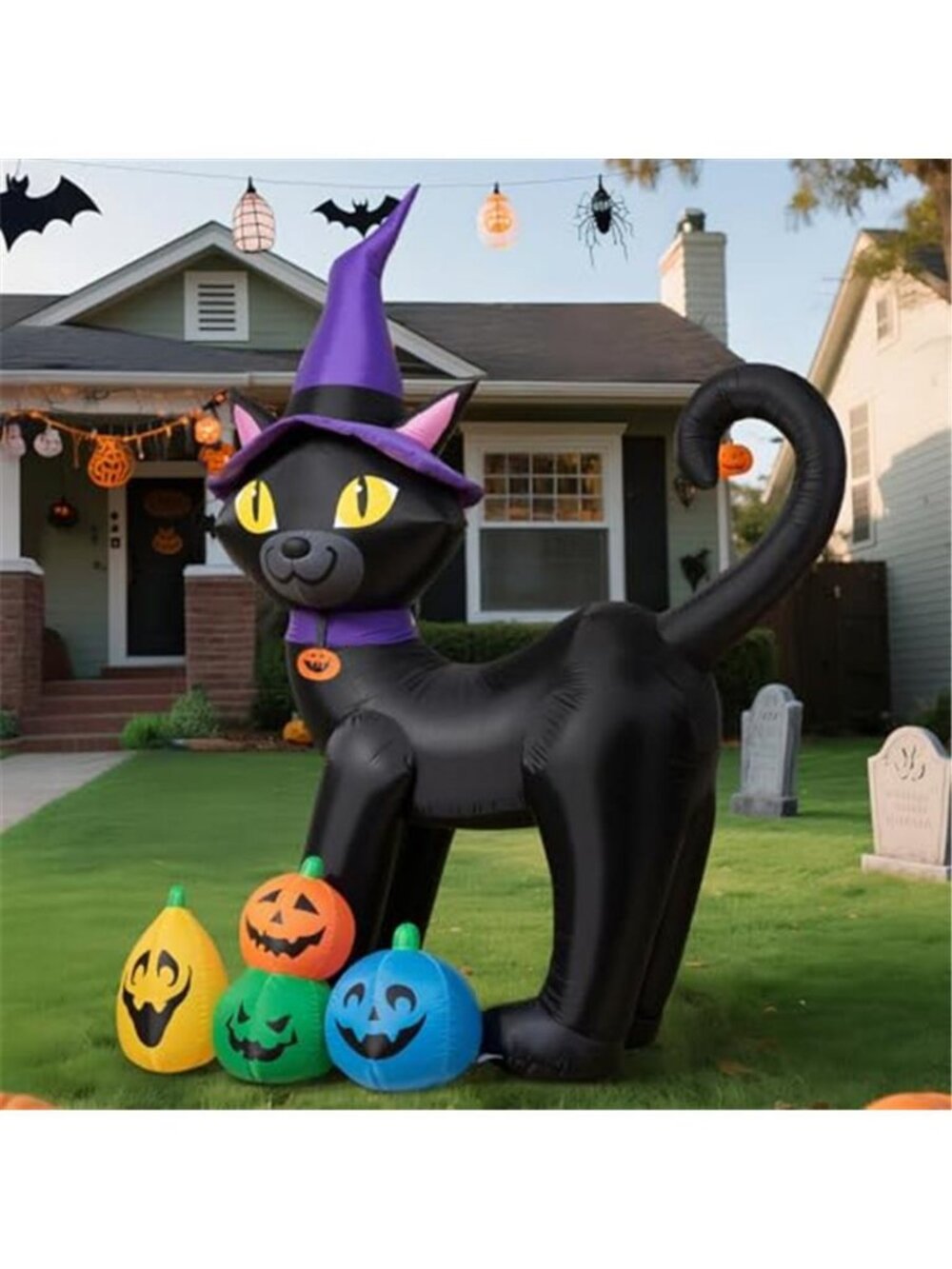 6FT Halloween Inflatable Black Cat with Witch Hat and 4 Colorful Pumpkins, Cute